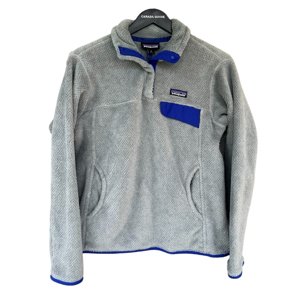 Patagonia Re-Tool Snap-T Grey Fleece Pullover Blue Trim Fall Womens EUC